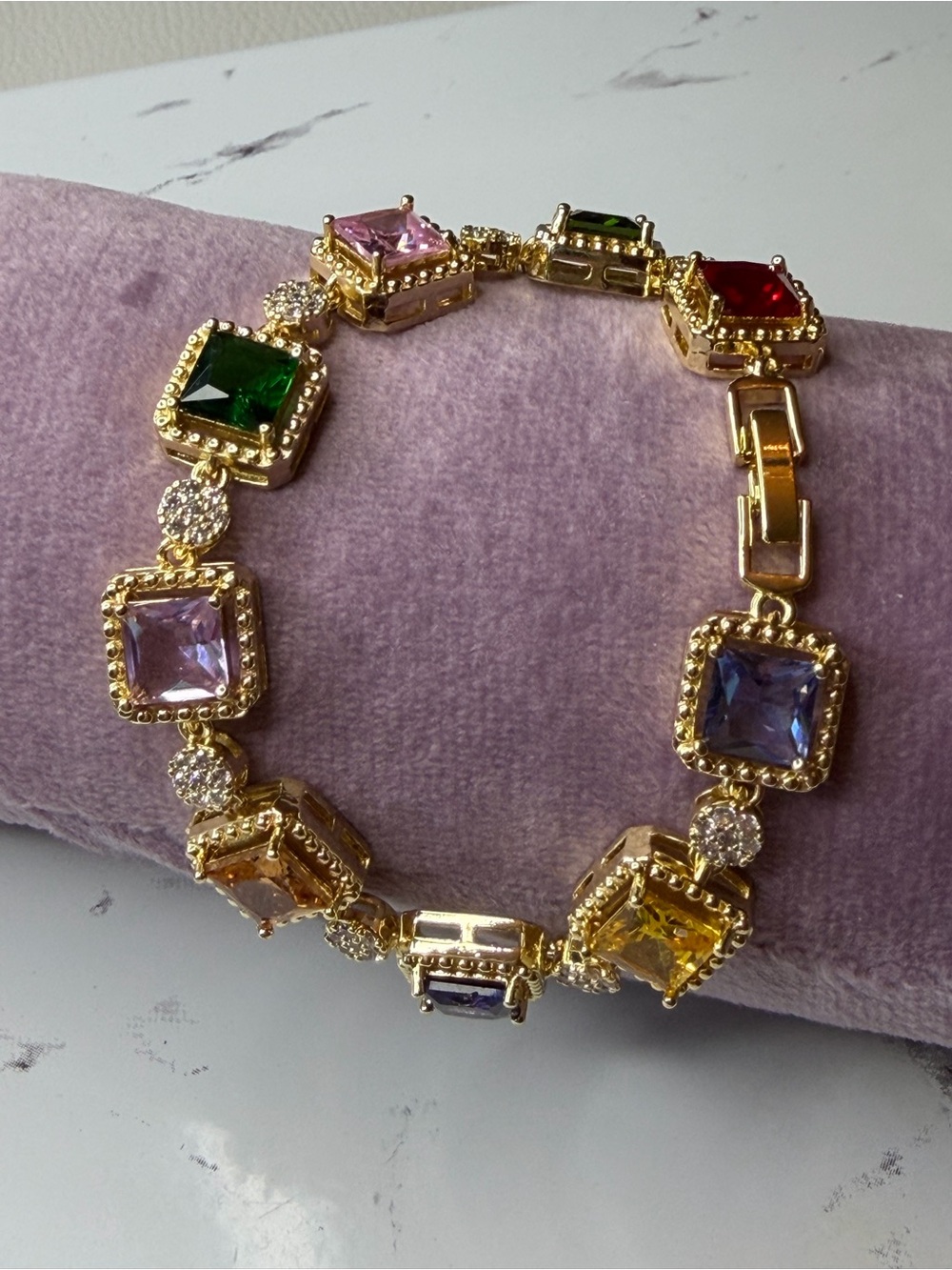 Gold Multicolor Square Gemstone Bracelet 14K GF 7” Lab Created Stones
